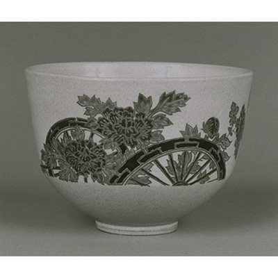 Tea Bowl with Poenies and Cart Wheels in Overglaze Enamels in the Style of Nonomura Ninsei Image