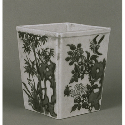 Square Water Jar with Flowers and Birds in Nanking-style Polychrome Overglaze Enamels Image