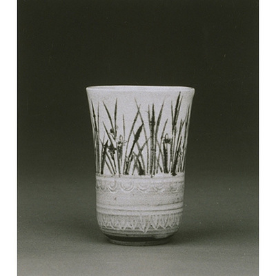 Tea Cup with Irises in Underglaze Blue and Iron Glaze (Takahara Ware) Image