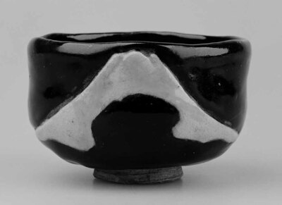 Black Raku Tea Bowl with Mount Fuji in White Glaze (Akahadayama Ware) Image