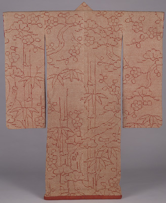 Furisode (Long-Sleeved Kimono) with Pines, Bamboo, and Plum Blossoms in "Fawn Spot" Dyeing on Crimso Image