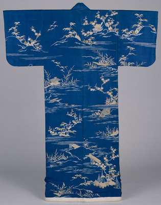 Kosode (Kimono) with Eight Views of Lake Biwa in Yuzen Dyeing on Dark Blue Ground Image