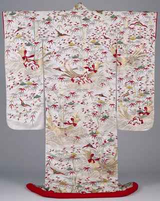 Furisode (Long-Sleeved Kimono) with Pines, Bamboo, Plum Blossoms, and Noshi Streamers in Dyeing and Image