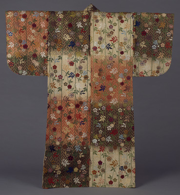 Karaori No Costume with Weeping Cherry Blossoms on Alternating Blocks of Red, White, and Brown Image