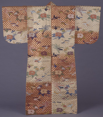 Karaori No Costume with Peonies and Magpies over Checkered Ground on Alternating Blocks of Red and White Image