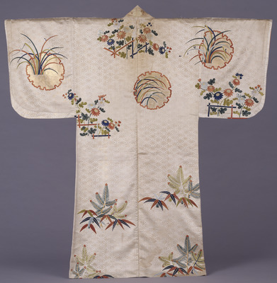 Nuihaku No Costume with Embroidered Flowers and Plants and Snowflakes over Gold Leaf Hemp Leaf Diaper on White Ground Image