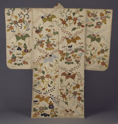 Nuihaku No Costume (for a Child) with Clematis Arabesque, Paulownia, and Chrysanthemums in Embroidery over Wave Diaper in Metallic Leaf on White Ground Image