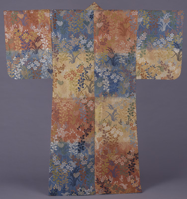 Karaori No Costume with Autumn Plants on Alternating Bands of Light Blue, Gold, and Brown Image