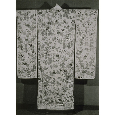 Uchikake (Formal Outer Robe) with Bouquets of Chrysanthemums, Peonies, and Plum Blossoms among Blue Waves on White Figured-Satin Ground Image