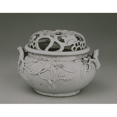 Incense Burner with Applied Decoration of Chestnut Branches and Handles in Light Blue Glaze (Hongo Ware) Image