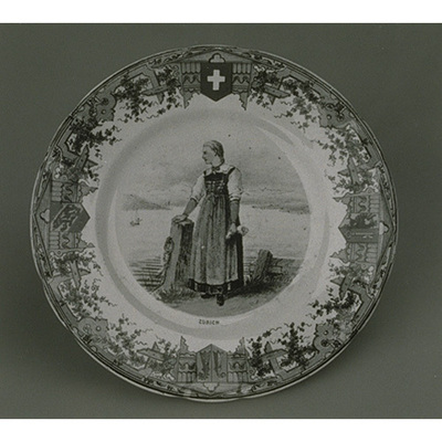 Lobed Plate with Woman in Underglaze Enamels Image