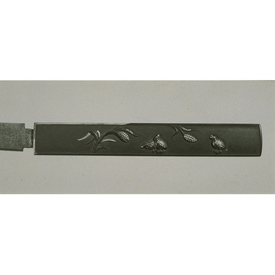 Knife (Kozuka) with Quails and Chestnuts in High Relief Carving, Signed "Kojo Image