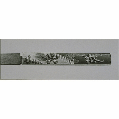 Knife (Kozuka) with a Scene from Hashi Benkei in High Relief Carving, Signed "Eijo Image