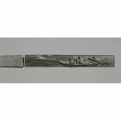 Knife (Kozuka) with Scene of a Boat Excursion in High Relief Carving, Signed "Kenjo Image