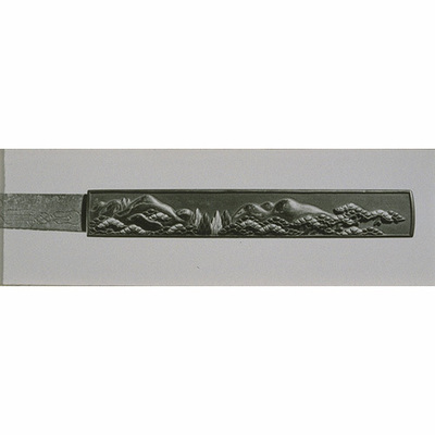 Knife (Kozuka) with Scene of Mountains and Forests in High Relief Carving, Signed "Goto Renjo Image