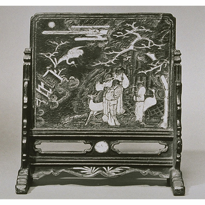 Decorative Screen with Figures in Landscape in Mother-of-Pearl Inlay Image