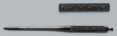 Futatokoromono (Kozuka Knife Handle and Kōgai Grooming Implement) with Dragon and Tiger     Kozuka inscribed “Made in winter of 1838. Gotō Hokkyō Ichijō (kaō)” Kōgai inscribed “Gotō Mitsuyo Nyūdō Hokkyō Ichijō (kaō)” Image