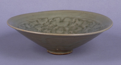 Yaozhou Celadon Bowl with Impressed Design of Peonies and Chinese Boys Image