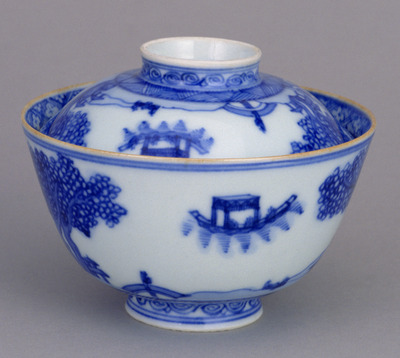 Lidded Bowl with Landscape in Underglaze Blue (Eiraku Zengoro Ceramic Ware from the Konoike Family) Image