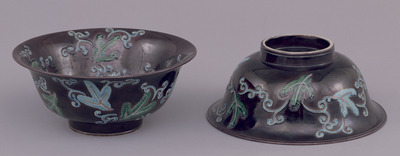 Bowls with Pines and Arabesques in Purple Cochin-China Glaze (Eiraku Zengoro Ceramic Ware from the Konoike Family) Image