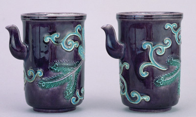 Soy Sauce Dispensers with Pines and Arabesques in Purple Cochin-China Glaze (Eiraku Zengoro Ceramic Ware from the Konoike Family) Image