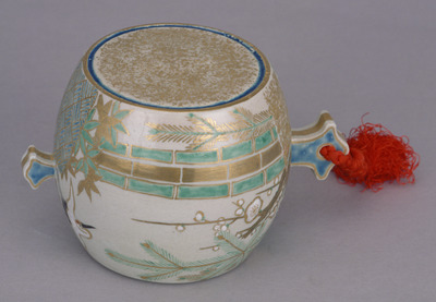 Ornamental Treasure Mallet with Crane, Pines, Bamboo, and Plum Blossoms in Polychrome Overglaze Enamels (Eiraku Zengoro Ceramic Ware from the Konoike Family) Image