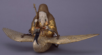 Hanging Ornament of Jurojin (God of Longevity) Riding a Crane in Polychrome Overglaze Enamels (Eiraku Zengoro Ceramic Ware from the Konoike Family) Image