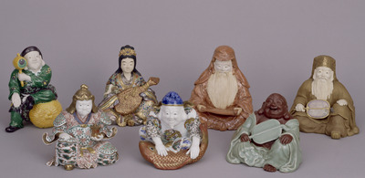 The Seven Gods of Fortune (Ebisu, Daikokuten, Bishamonten, Benzaiten, Hotei, Fukurokuju, and Jurojin) in Polychrome Overglaze Enamels (Eiraku Zengoro Ceramic Ware from the Konoike Family) Image