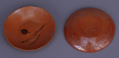 Earthen Dishes with Pine Cones and Needles in Red Raku Glaze (Eiraku Zengoro Ceramic Ware from the Konoike Family) Image