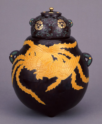 Brazier with Phoenix, Pines, and Arabesques in Purple Cochin-China Glaze (Eiraku Zengoro Ceramic Ware from the Konoike Family) Image