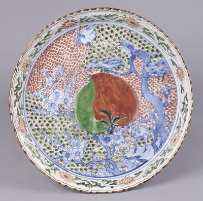 Cusped Dish with Pine, Peach Tree, and Deer in Underglaze Blue and Overglaze Enamels Image