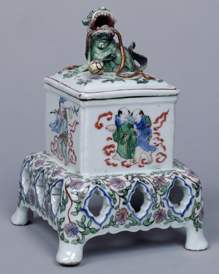 Nanking Incense Burner with Lion-shaped Knob and Hermits in Overglaze Enamels Image