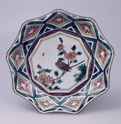 Kutani Dish with Flowers and Bird in Overglaze Enamels Image