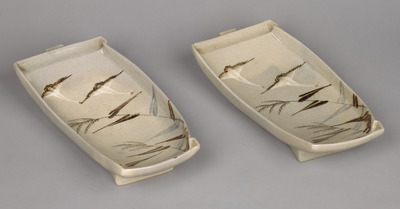 Boat-shaped Ko-Kiyomizu Dishes with Reeds and Wild Geese in Underglaze Blue and Iron Brown Image