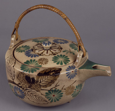 Kyoto Ware Sake Ewer with Chrysanthemums and Chestnuts in Underglaze Iron Brown and Overglaze Enamel Image