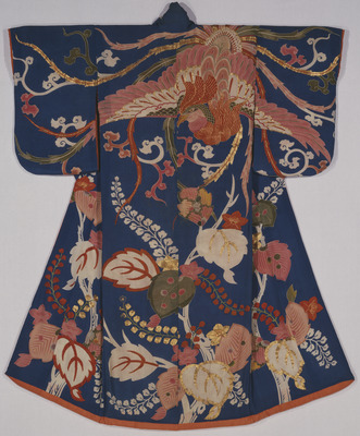 Kosode (Kimono) with Phoenix and Paulownia in Yuzen Dyeing on Blue Crepe (Chirimen) Ground Image