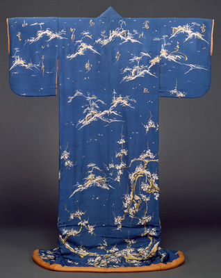 Kosode (Short-Sleeved Kimono) with Scene of Plum Trees in the Snow in Dyeing and Embroidery on Blue Crepe (Chirimen) Ground Image