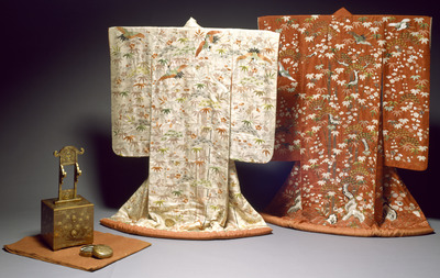 Uchikake (Formal Outer Robe) with Pine, Bamboo, and Plum Blossoms of Mt. Horai (Penglai) in Dyeing and Embroidery on Red Figured-Satin Ground Image