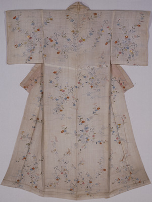 Katabira (Summer Kimono) with Plums Blossoms, Autumn Grasses, Flowing Water, and Zither Bridge Design in Yuzen Dyeing and Embroidery on White Ramie Ground Image