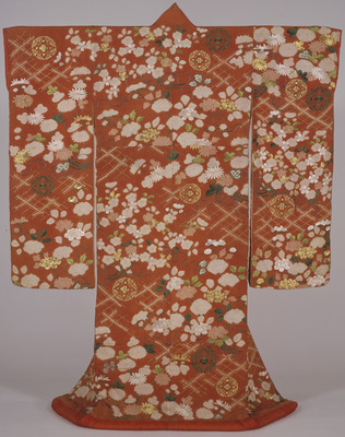 Uchikake (Formal Outer Robe) with Bouquets of Chrysanthemums and Peonies, Triple Cords, and Wisteria Crests on Crimson Crepe (Chirimen) Ground Image