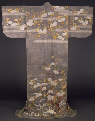 Katabira (Summer Kimono) with Cherry Blossoms, Flowing Water, Reeds, and Herons in Dyeing and Embroidery on Grey Ramie Ground Image