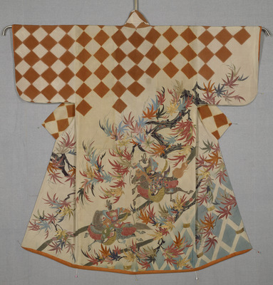 Kosode (Kimono) with Kamo Shrine Horse Race Scene and Checkered Pattern in Yuzen Dyeing and Embroidery on White Crepe (Chirimen) Ground Image