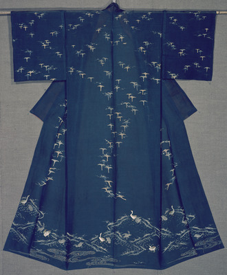 Hitoe (Unlined Kimono) with Wild Geese and Winter Rice Fields in Dyeing and Embroidery on Indigo Blue Ro Gauze Weave Image