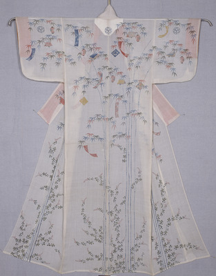 Katabira (Summer Kimono) with Tanabata (Vega Star Festival) Designs in Yuzen Dyeing on White Ramie Ground Image