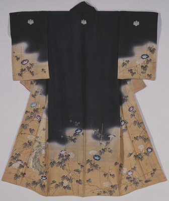 Hitoe (Unlined Kimono) with Female Figure amidst Morning Glories in Hand-painting, Dyeing and Embroidery on Blue and Yellow Akebono-Dyed Ro Gauze Weave Image