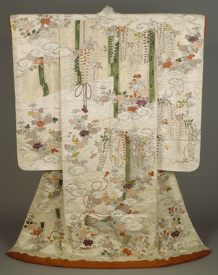 Furisode Uchikake (Long-Sleeved Outer Robe) with Bamboo Blinds, Wisteria, Chrysanthemums, Peonies, and Clouds in Dyeing and Embroidery on White Figured-Satin Ground Image