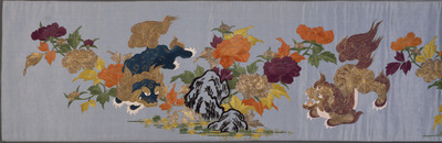 Kakeshita Obi (Sash Worn under the Uchikake) with Lion and Peonies in Embroidery on Light Blue Satin Ground Image