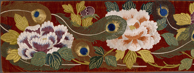 Kakeshita Obi (Sash Worn under the Uchikake) with Peonies and Peacock Feathers in Embroidery on Red Velvet Ground Image