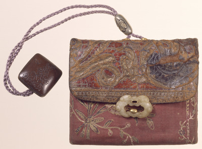 Hitotsusage Tobacco Pouch with Gold Arabesque Patterns on Gold Printed Chintz Image