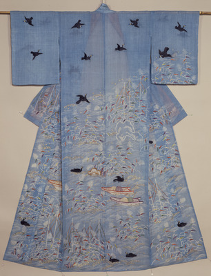 Katabira (Summer Kimono) with Imperial Cormorant Fishing Scene in Dyeing and Embroidery on Light Blue Ramie Ground Image